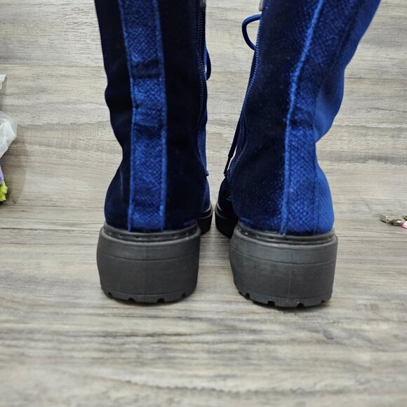 Wanted New Velour Royal Blue Ankle Patrol Lace-up Chunky Y2K Combat Boot - Picture 5 of 13